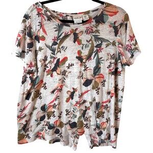 RACHEL ZOE Blouse Top‎ 1X 100% Linen Back Buttons Floral Beachy Coastal Travel